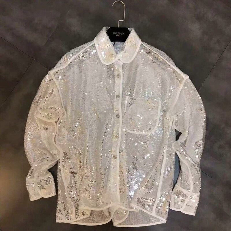 Shiny party Shirt Sequins Blouse Long Sleeve Glitter Cardigan Single-breasted Femme oversize loose Bluses Blusas Buttons Tops