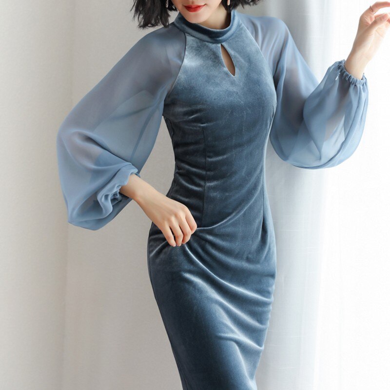 New 2022 Autumn Dress Brand Fashion Runway Designer Velvet dress chiffon lanterns sleeve gold velvet dress