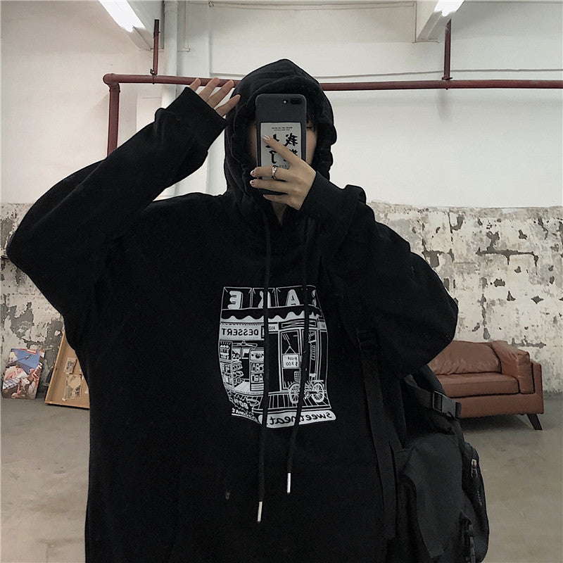 Hoodies Women Printed Thickening Hooded Plus Velvet BF Unisex Couples Pullover Sweatshirt Streetwear Hip-Hop All-match Oversize