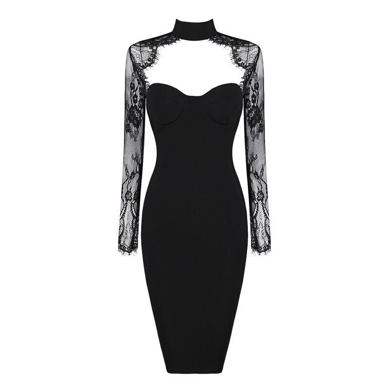 Lizakosht New Women's Bandage Dress Sexy V-Neck Lace Openwork Long-Sleeved Split Tight Dress Vestidos Sexy Embroidered Lace Bodycon Dress