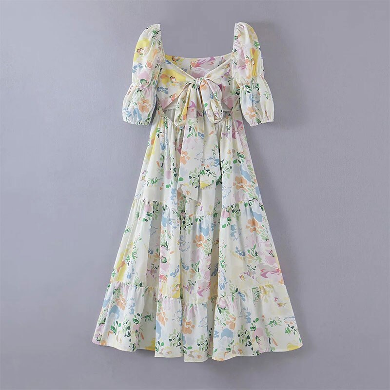 Women France Floral Print Holiday Dress Square Collar Back Tie Bow Backless Dresses Slim Midi Slit Dress 202107