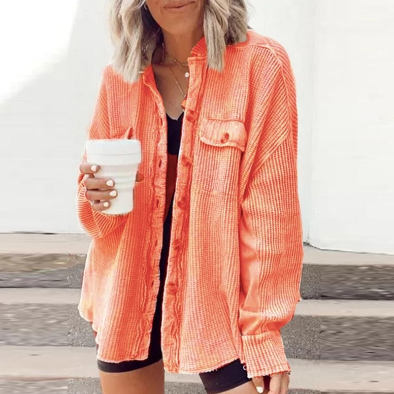 Lizakosht Autumn Winter Fashion Breasted Button Coats Women Elegant Solid Color Ribbed Tops Jackets Casual Loose Long Sleeve Outwear New