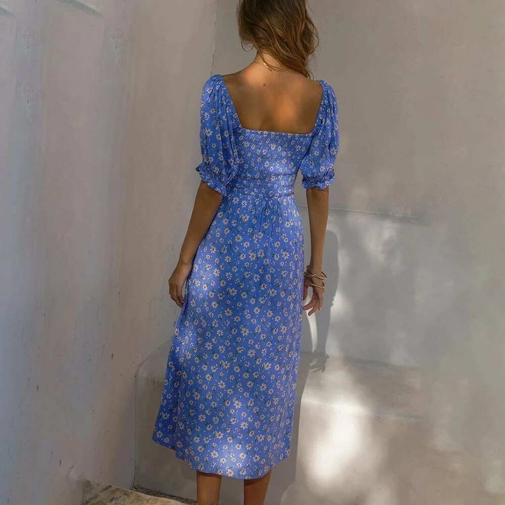 Summer Dress For Women 2022 Puff Sleeve Midi Dress Vintage Square Neck Floral Print Split Sundress Holiday Casual Dresses Women