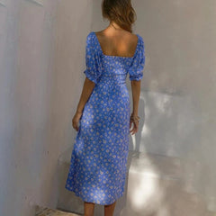 Summer Dress For Women 2022 Puff Sleeve Midi Dress Vintage Square Neck Floral Print Split Sundress Holiday Casual Dresses Women