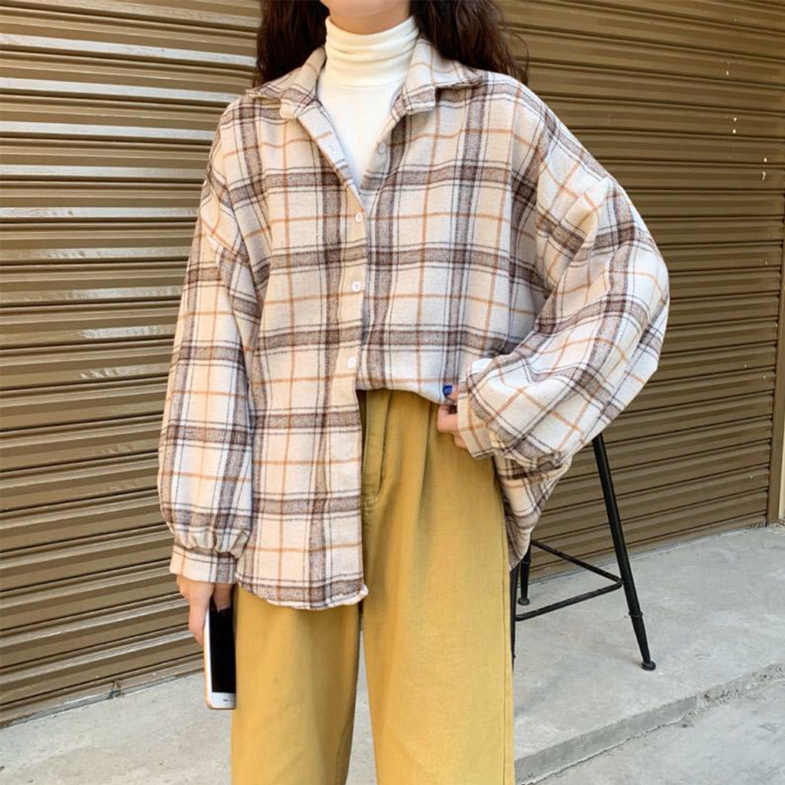 Women Vintage Warm Shirt Jacket Autumn Winter Plaid Long Shirt Jacekt Casual Loose Buttons Pockets Turn down Shirt Coat