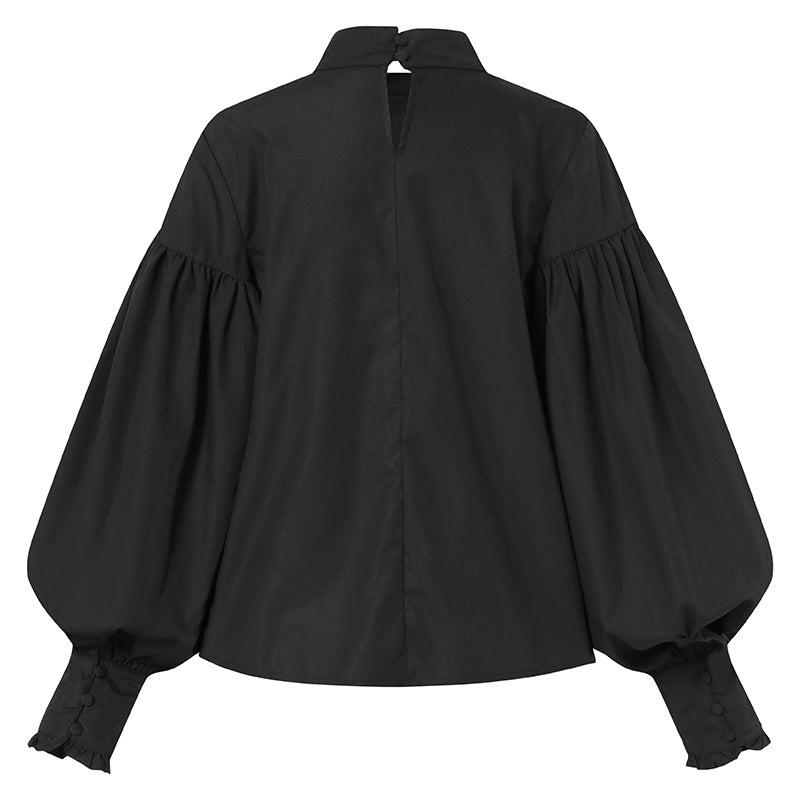 Lizakosht Fashion Women Big Lantern Sleeve Blouses Elegant Office Blusas Autumn Stand Collar Work Casual Solid Vintage Tops