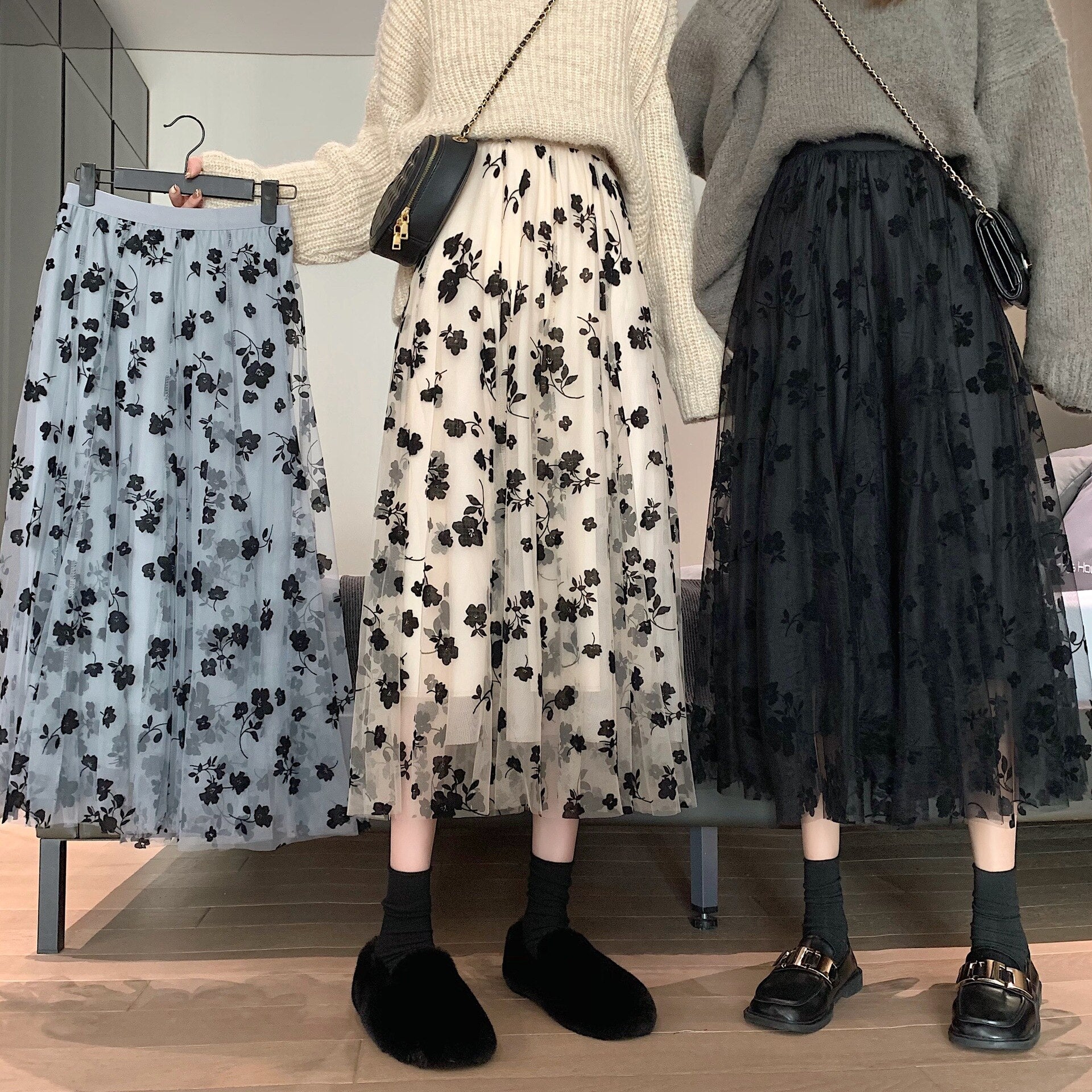 Neophil 2021 Summer Women Tulle Mesh Midi Skirts 3 Layers Floral Puffy Pleated High Waist Casual Fashion Skirt Saias Jupe S21305