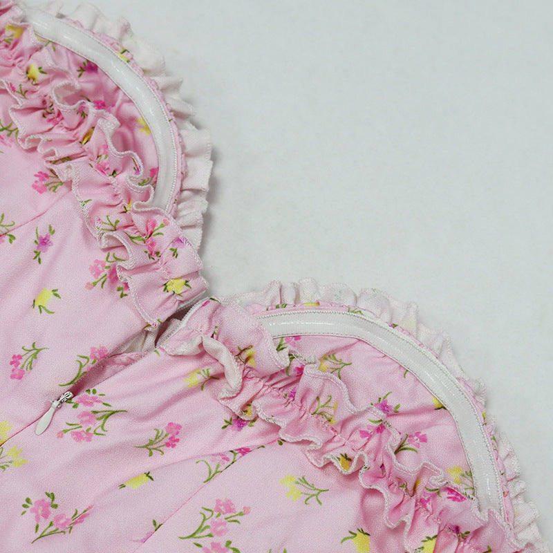 Strapless Side Split Corset Dress Beach Dress Summer Pink Floral Long Dress Women Sexy Off Shoulder Ruffles Party Dresses