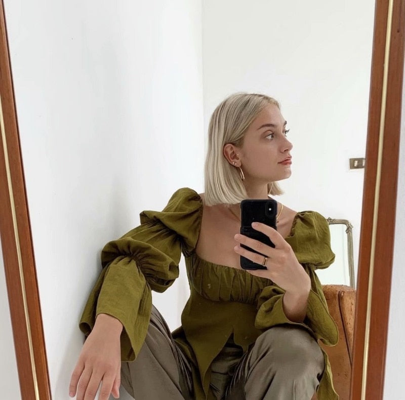 Lizakosht Trumpet sleeve elegant fashion design shirt women summer hedging long sleeve square collar slim blouse