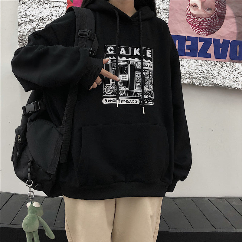 Hoodies Women Printed Thickening Hooded Plus Velvet BF Unisex Couples Pullover Sweatshirt Streetwear Hip-Hop All-match Oversize