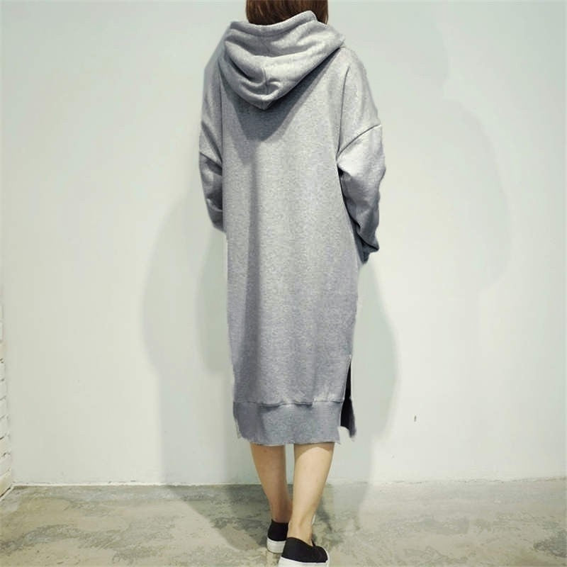 Women Loose Long Hoodie Casual Solid Color Hooded Sweatshirts Student's Autumn Winter Baggy Pullover Oversized Sweatshirt Dress