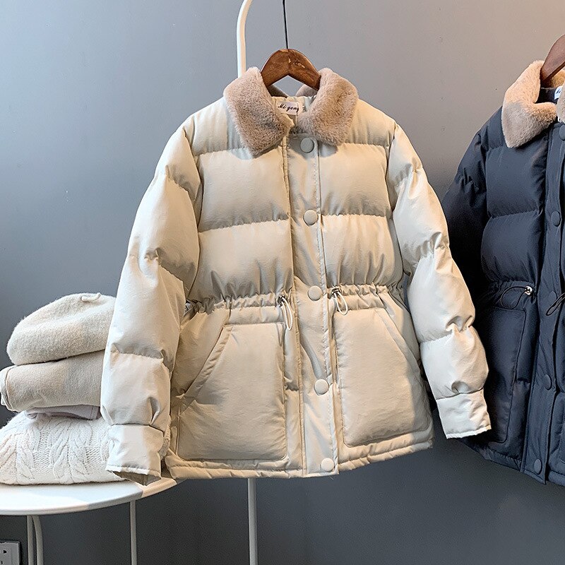 Warm Winter Down Jacket Women Fashion Cotton Padded Faux Fur Collar Parka Harajuku Overcoat Women Solid Female Outwear