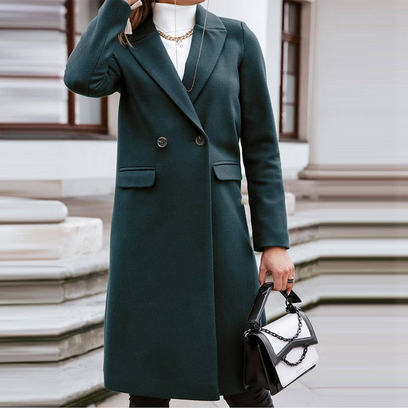 New Fashion Elegant Women Long Overcoat Autumn Winter Turn-Down Collar Woolen Coat Tops Office Lady Casual Loose Outwear