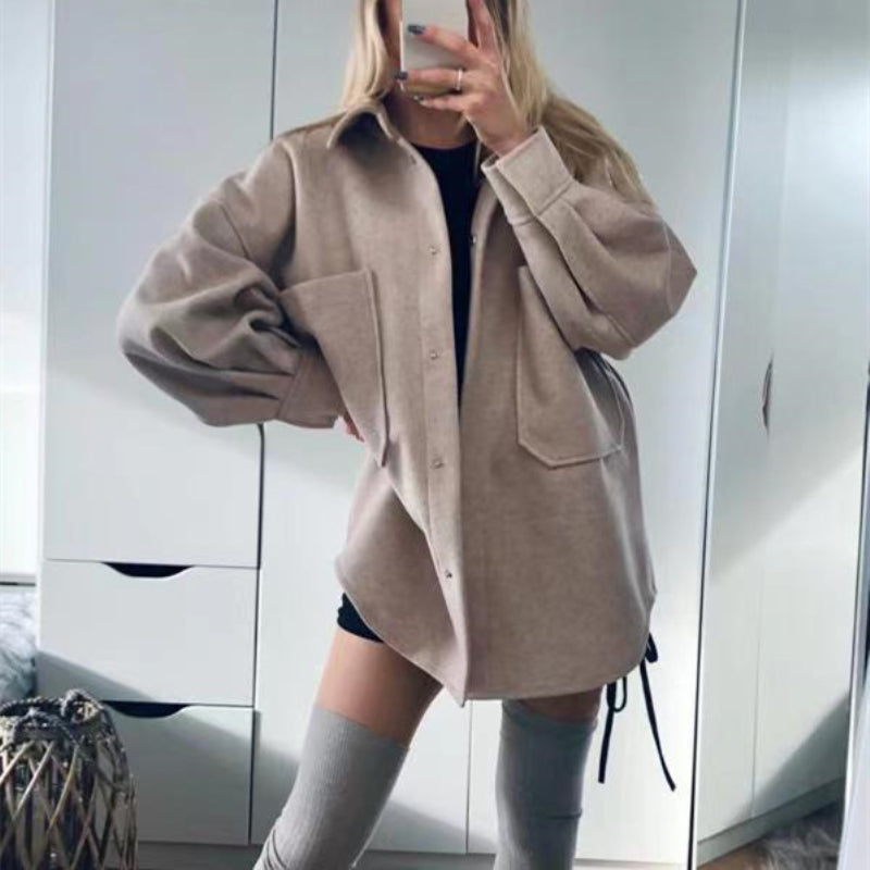 Lizakosht Casual Woman Camel Loose Pocket Woolen Shirt 2021 Fashion Ladies Autumn Long Sleeve Thick Blouse Coat Female Long Outwear
