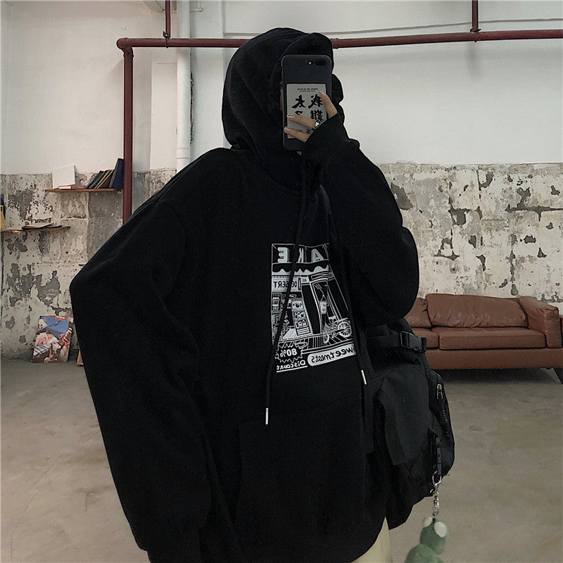 Hoodies Women Printed Thickening Hooded Plus Velvet BF Unisex Couples Pullover Sweatshirt Streetwear Hip-Hop All-match Oversize