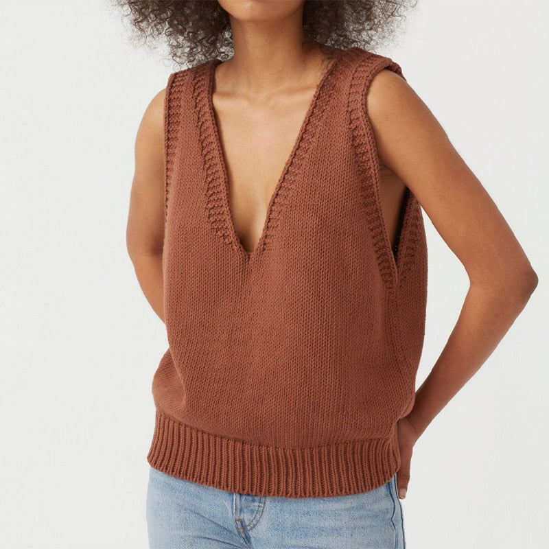 Autumn Knitted Sleeveless Women's Vest V-neck Solid White Female Vests New Fashion Casual Ladies Sweater Top