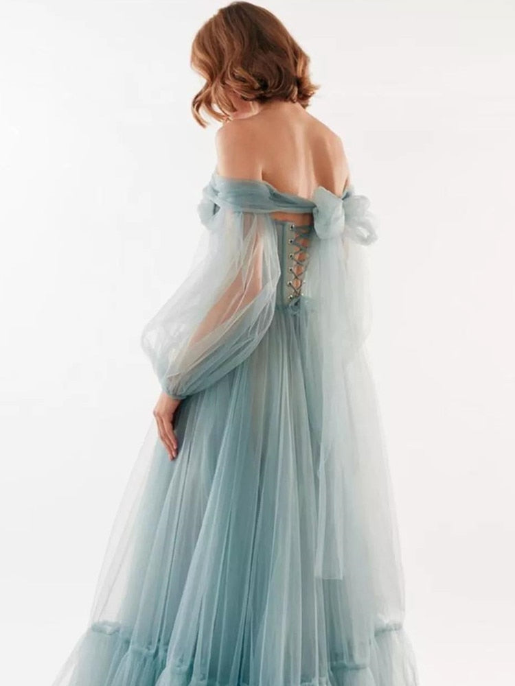 Elegant Dusty Blue Evening Dress Gown Off Shoulder Puff Prom Dresses Pleats V Neck Tulle Formal Party Gown Vestidos De Fiesta