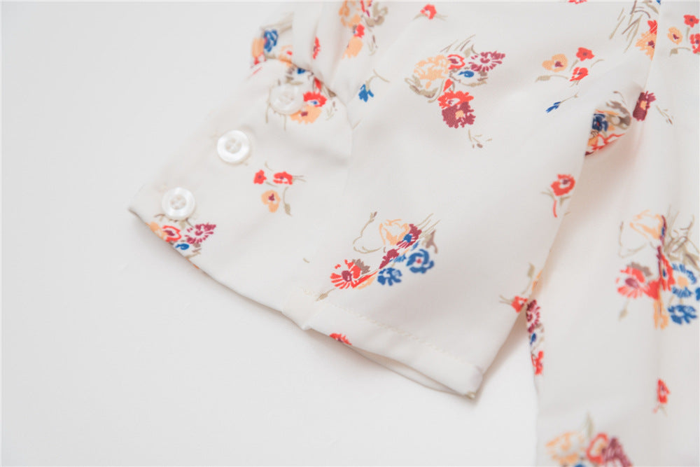 Women Shirt Spring and Summer New Ladies Floral Print V-neck Short-sleeved Shirt