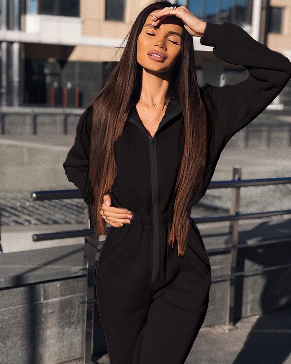 Lizakosht Bodysuit Women Direct Selling Polyester Sexy Bodysuit Hot Selling Women's Jumpsuit Loose Zipper Waist Belt Hood Casual
