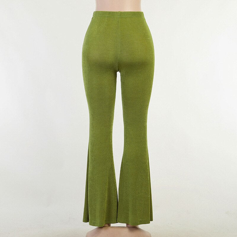 Lizakosht Retro High Waist Flare Pants Women's Fashion Streetwear Women's Skinny Slim Pants Green Shiny Tights New