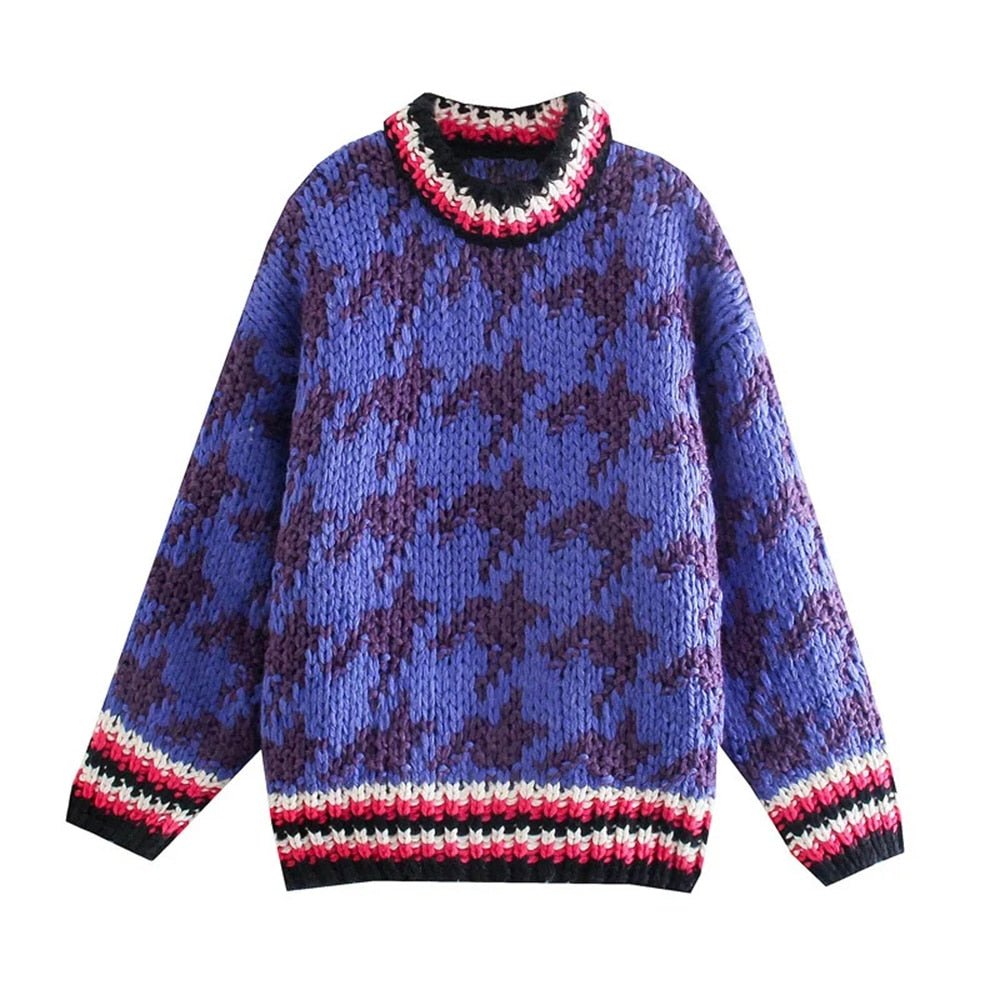 Spring Autumn Women Vintage Round Neck knitting Sweater Female Casual oversize Pullover Long Sleeve Chic Top