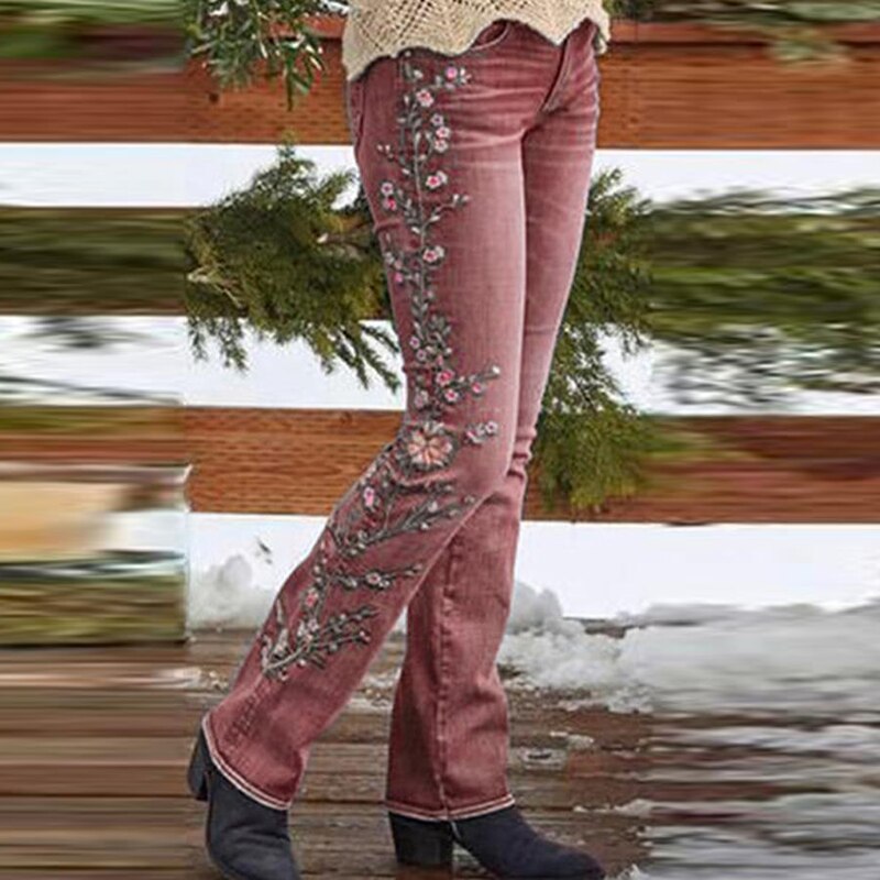 New Fashion Plus Size Straight Mid Waist Women Jeans Vintage Jeans Women Flower Embroidery Pants Straight Stretch Jeans S-XXXL