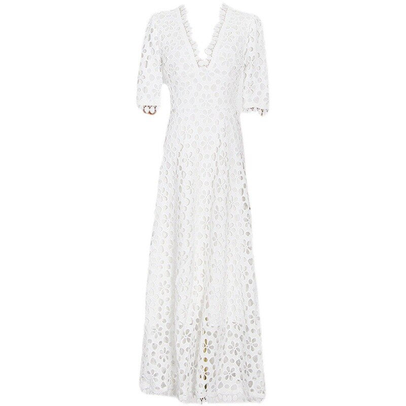 Lizakosht  white gown dress women cotton hollow out V-neck elegant maxi ladies dress chic short sleeve summer dress new