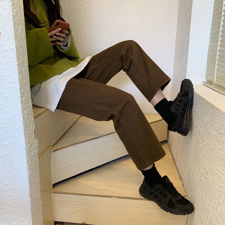 Autumn New Brown Straight Denim Vintage Slender Office Lady Jeans Women Trousers High Waist Large Size Pants Female KZ703