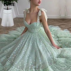 Lizakosht  Glitter Prom Dresses Mint Green Adjustable Straps Shiny Love Tulle Tea Length Arabic Wedding Party Graduation Dress 2021