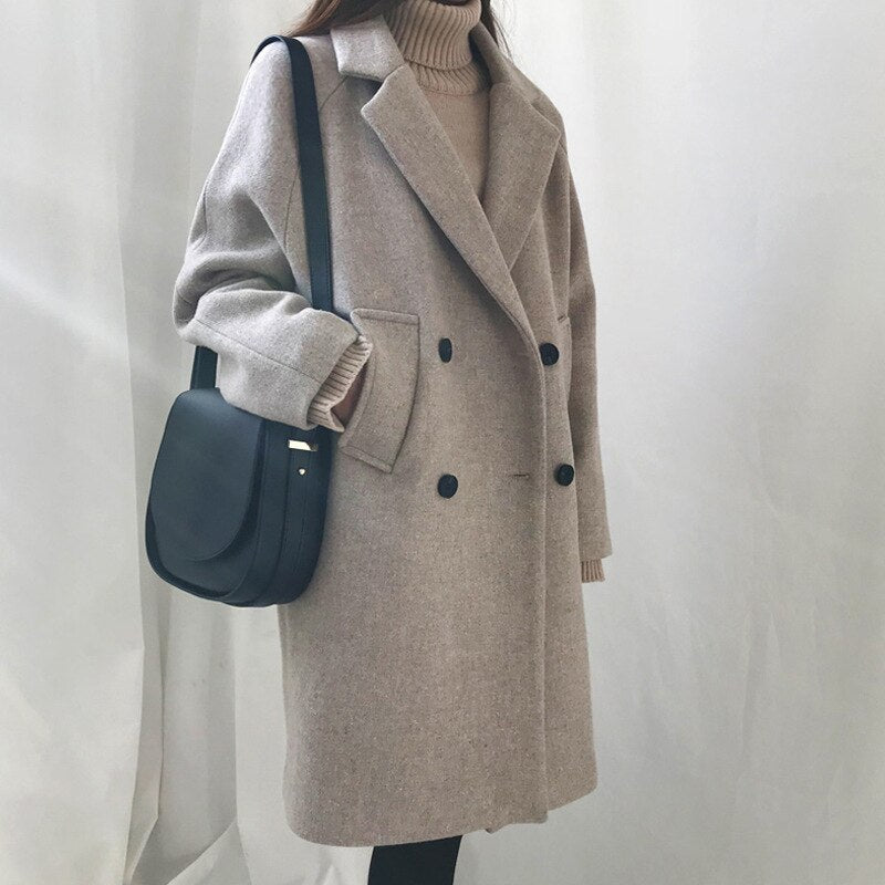 Lizakosht Fall New Korean Version Slim Women's Woolen Coat Mid Length Double Breasted Coat Female Casual Wild Commuter Woolen Coat