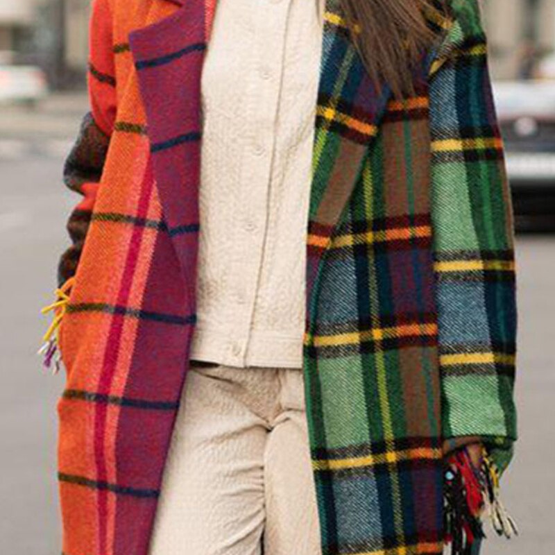 Vintage Plaid Print Patchwork Wool Jacket Overcoat Cardigan Women Fall Winter Fashion Elegant Turn-down Collar Long Top Outwear