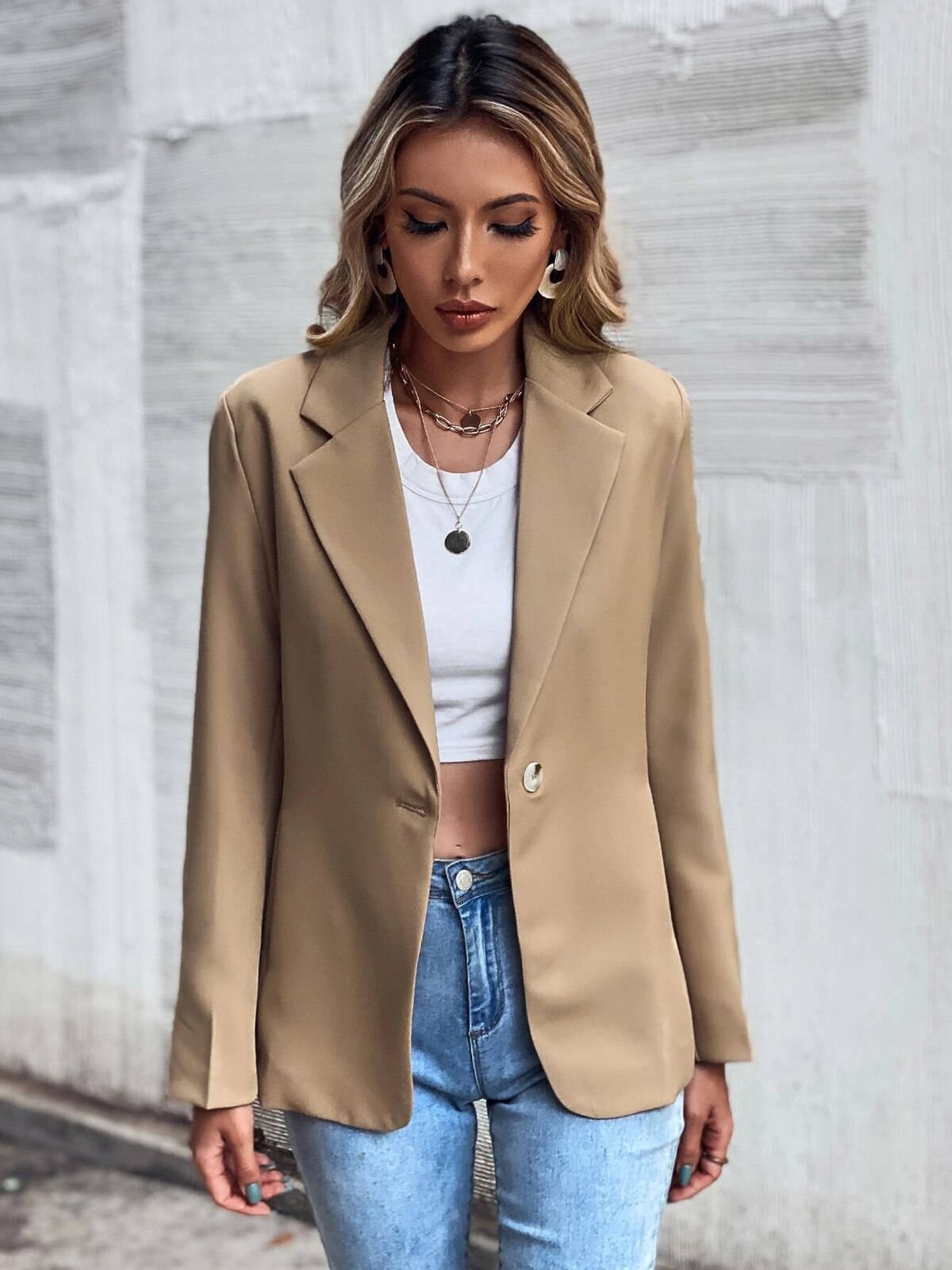 Lapel Collar Blazer Women Long Sleeve Elegant Button Down Office Lady Jacket Spring Autumn Solid Color V Neck Vintage Blazers