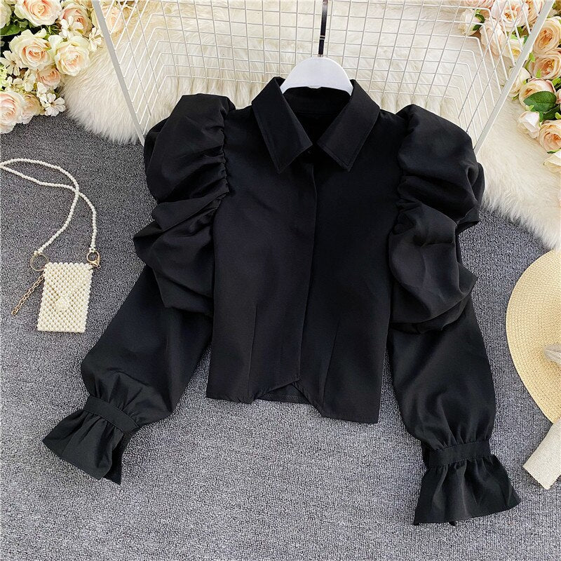 Fashion Spring Autumn New Temperament Blouse Women Retro Puff Sleeve Blusa Lapel Short Shirt KK1096