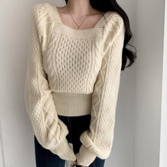 New Autumn Lazy Temperament Blouse Women's Square Collar Lantern Sleeve Twist Pullover Sweater Knit Bottoming Shirt  DF621
