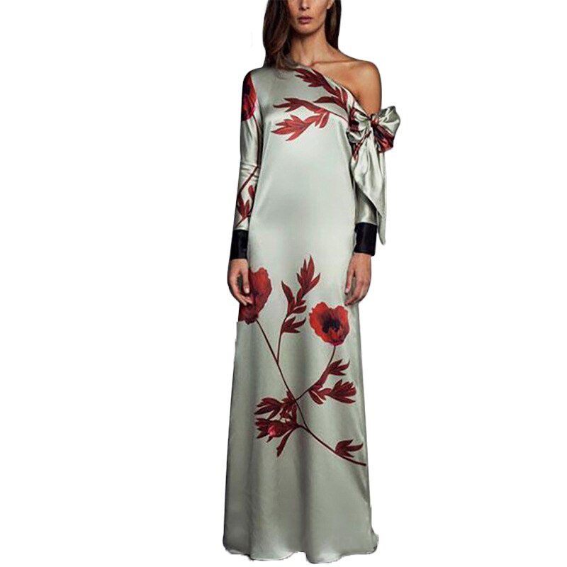 Fashion Floral Print Straight Long Sleeved Off Shoulder Bow Autumn Mother of The Bride Dress Casual Evening Gowns Prom Robe