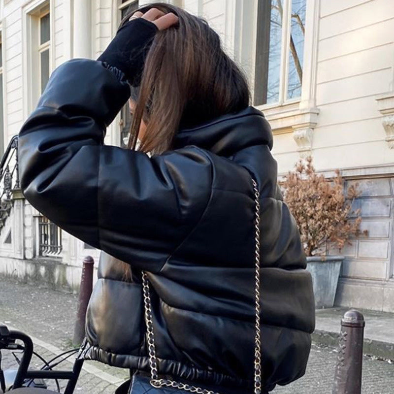 Winter Women's Jacket Thick Warm Short Parkas Women Fashion Black PU Leather Coats Women Elegant Zipper Faux Leather Jackets
