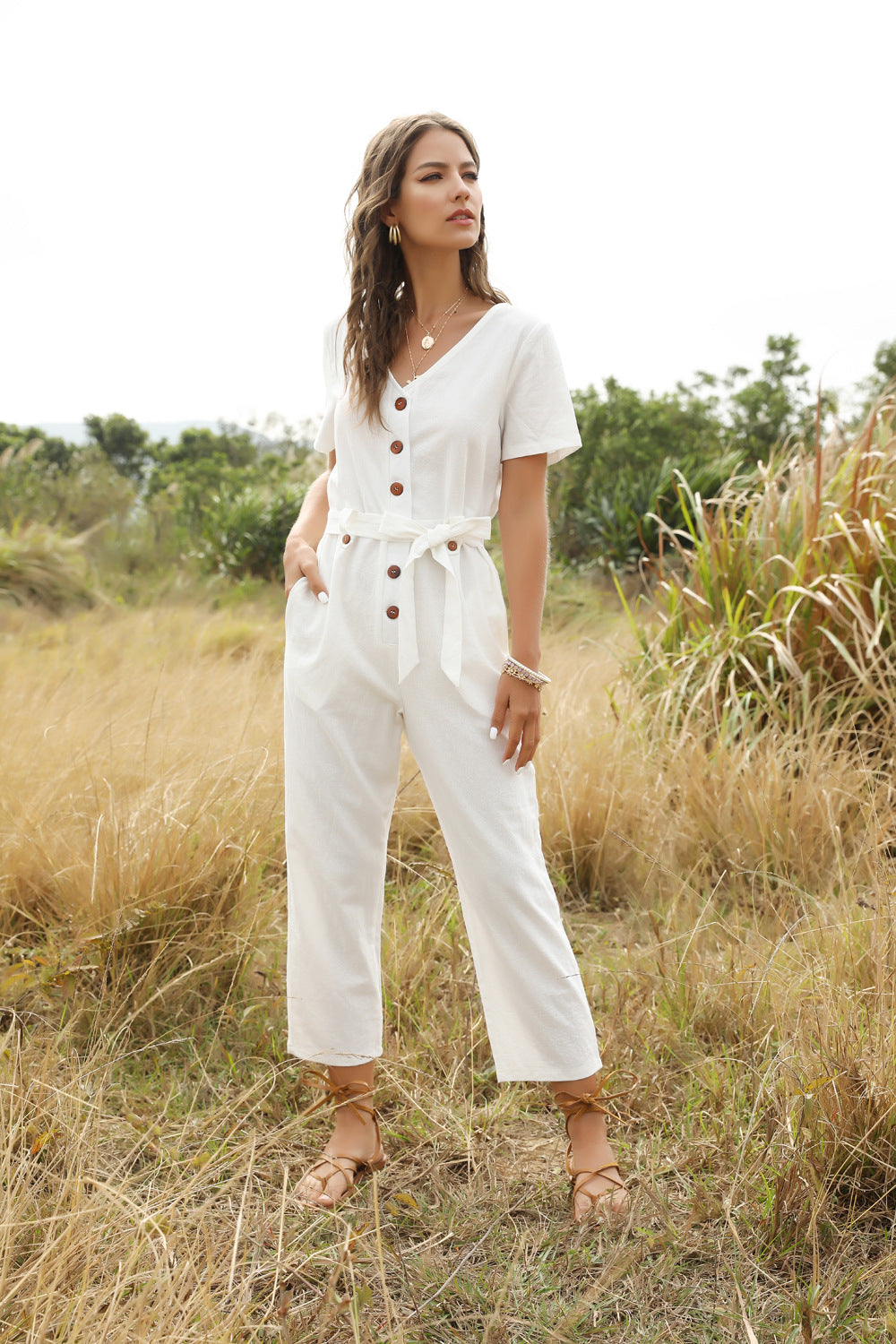 Summer Short Sleeve White Jumpsuit Women High Waist Lace Up Jumpsuit Romper Women Casual Overall Femme Wide Leg Pants