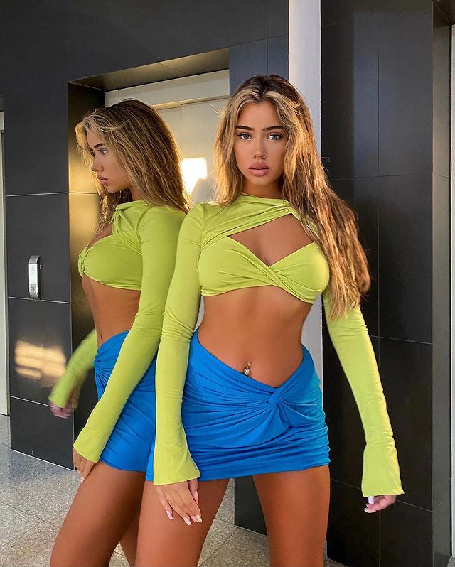 Fall Fashion Tops Women 2022  Long Sleeve Bodycon Top Green Cut Out Sexy Crop Top Blouses Slim Fit for Party Club