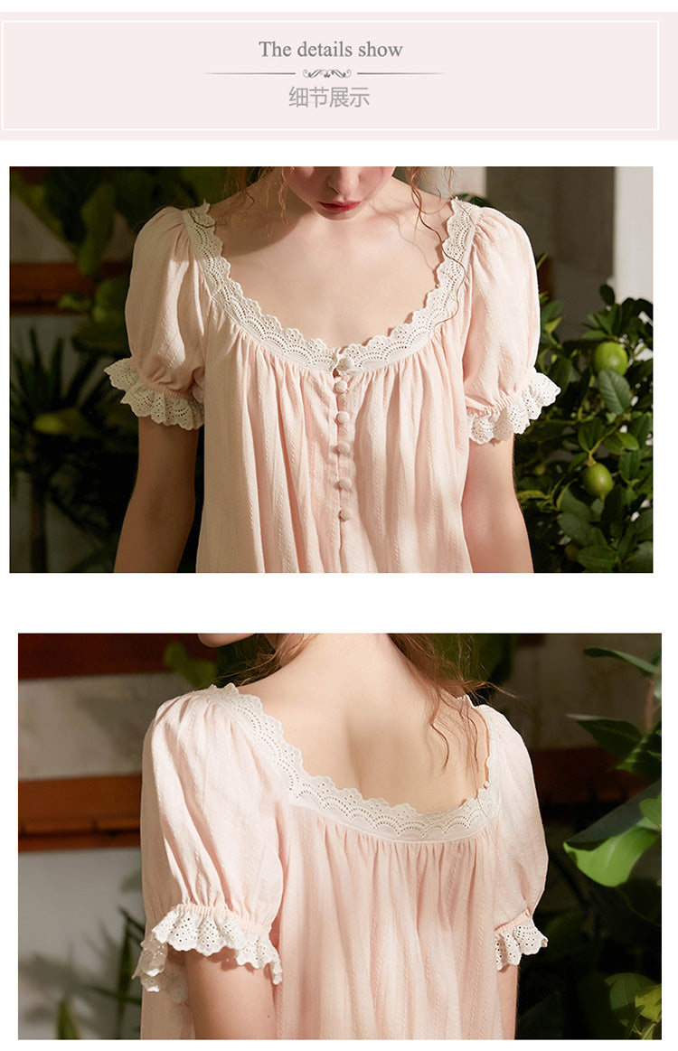 Summer Women‘s Cotton Pink Princess Sleepshirts Vintage Ladies Girls Lace Nightgowns Nightdress Cute Home Lounge Sleepwear