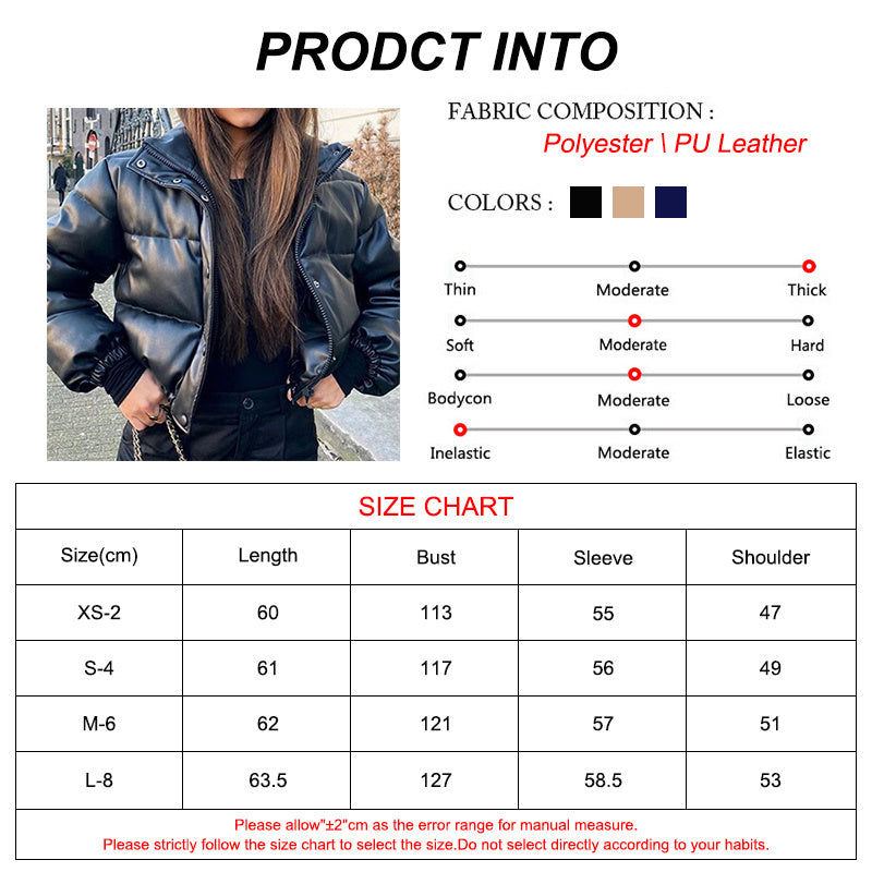 Winter Women's Jacket Thick Warm Short Parkas Women Fashion Black PU Leather Coats Women Elegant Zipper Faux Leather Jackets