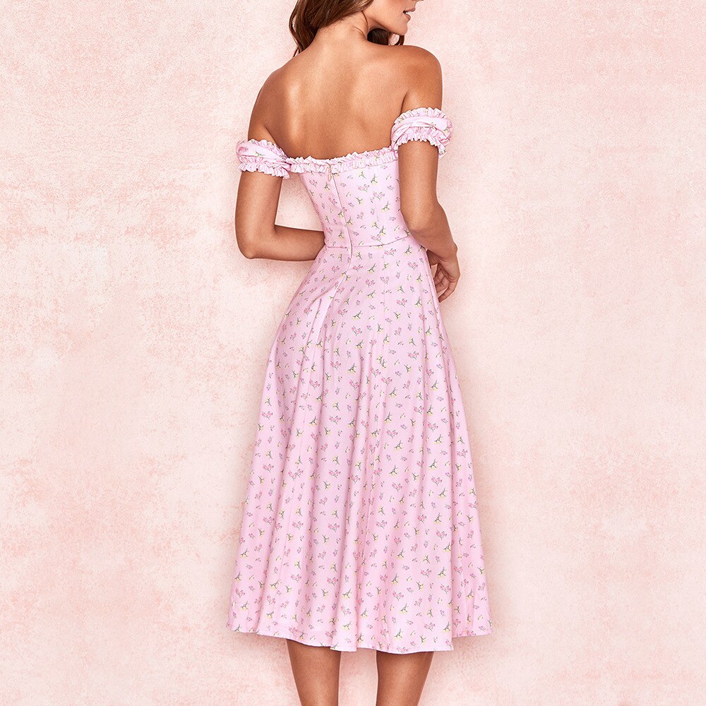 Strapless Side Split Corset Dress Beach Dress Summer Pink Floral Long Dress Women Sexy Off Shoulder Ruffles Party Dresses