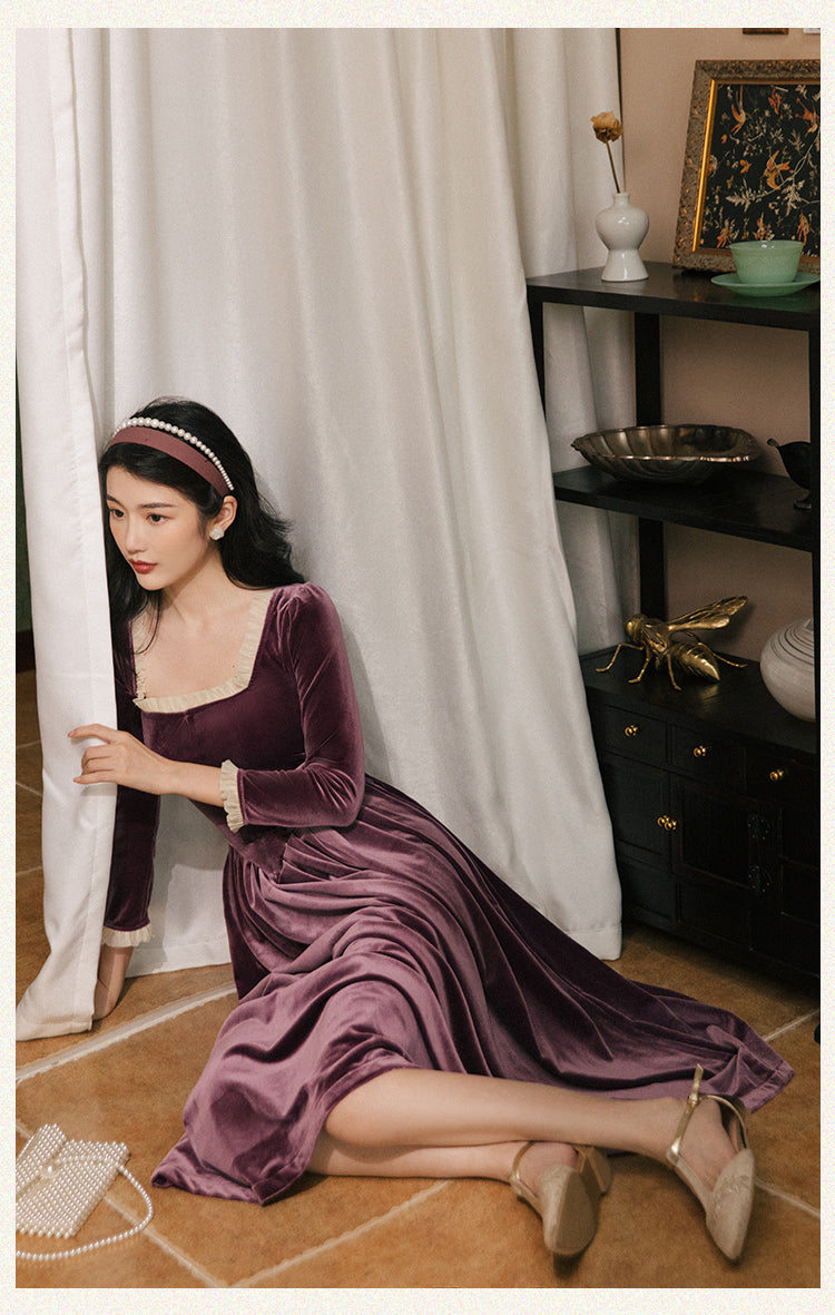 Vintage Velvet Dress Woman Solid Claret & Purple Color Square Collar Ruffles Elegant Lady Dinner Dresses Retro Vestido Festa