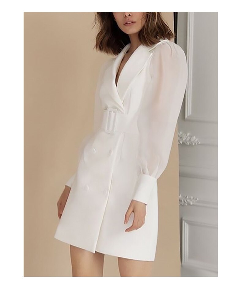 Lizakosht   Designer Fashion Notched Collar White Women Casual Mini Short Dress Spring Summer Lantern Sleeve Lady Dresses Vestidos
