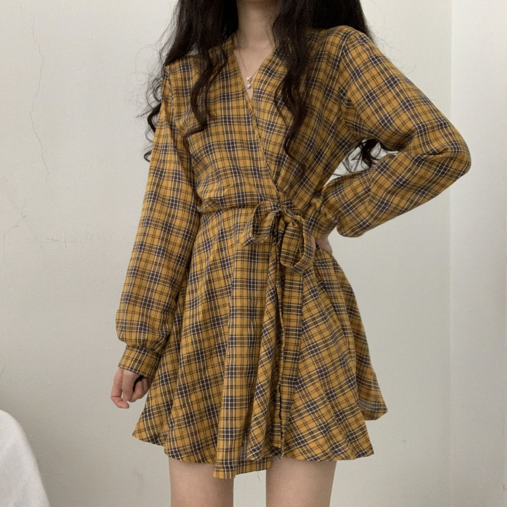 New Autumn Long Sleeve Dress Women Preppy Style Bow Palid V-neck Mini Plaid Dresses Korean High Waist Short Dress Elegant