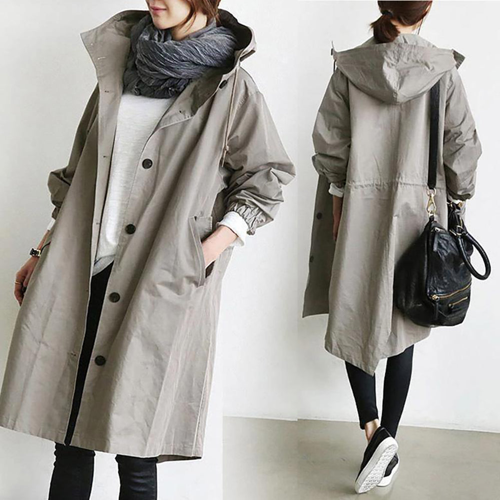 Women Autumn Solid Color Pocket Hooded Windbreaker Long Trench Coat Outerwear Women's clothing женская куртка femme veste