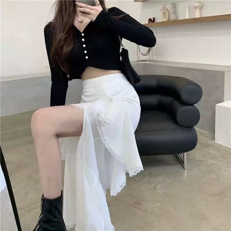 Casual High Waist Irregular Skirt Women White Korean Designer Ruffles Split Skirt Slim Office Lady Streetwear Chic Party Clothes