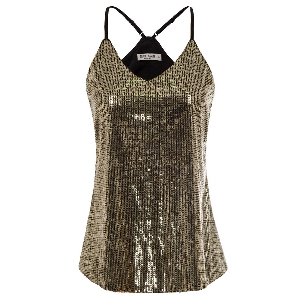 Grace Karin Women\\\'s Sequin Sexy V-Neck Top Spaghetti Strap Summer Cocktail Party Sequined Camisole Tank