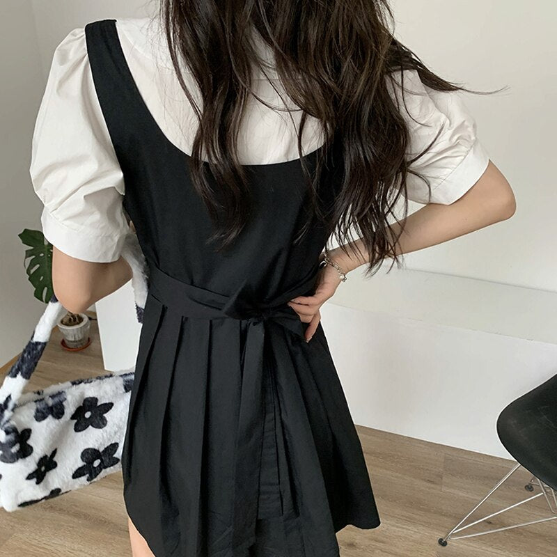 Summer Elegant Dresses Women Casual Short Sleeve Vintage Mini Dress Female Evening Party Dress Kawaii 2 Piece Set Design