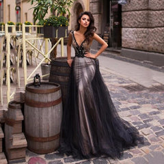 SoDigne Mermaid Prom Dress For Black Girls V Neck Sexy lace Appliqued Long Evening Dress Backless Pageant Party Gown