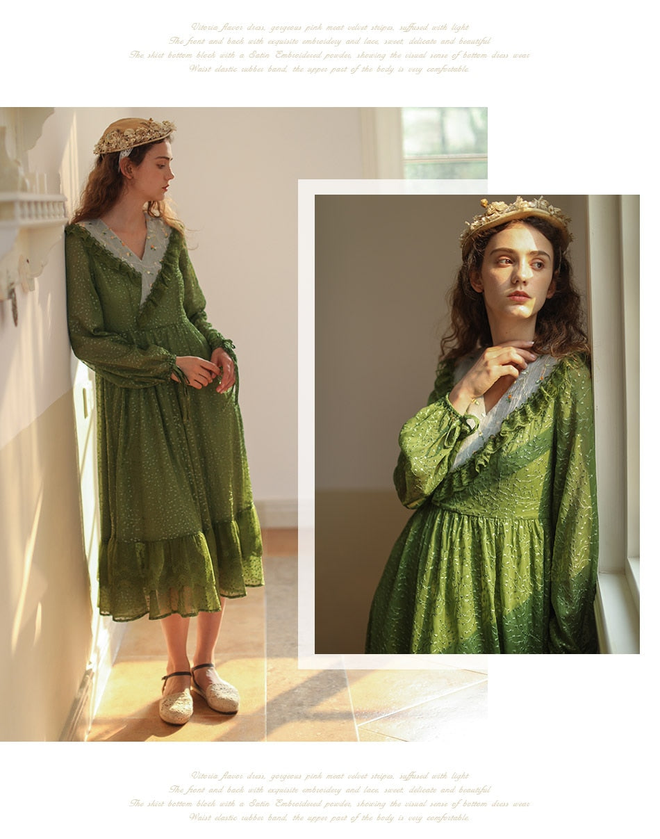 Lizakosht Green Dress SpringSummer Women Vintage Elegant Slim Long Sleeve Embroidery Lace V-Neck Cotton Long Dress ropa mujer talla grande